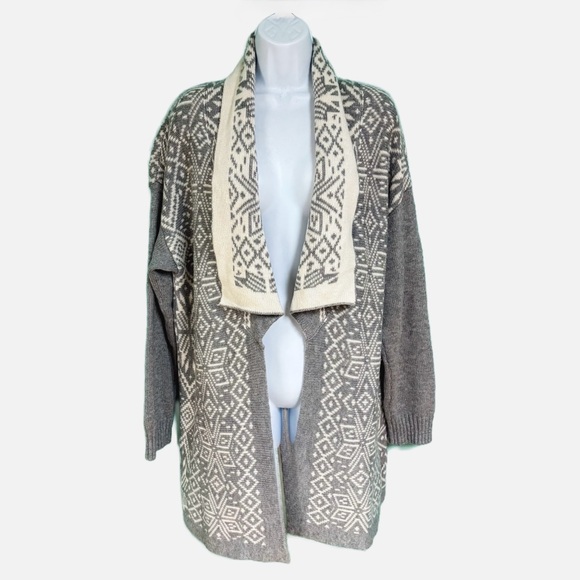 Talbots Sweaters - Talbots Gray & Cream Nordic Open Front Longline
Cardigan Wool Cashmere Blend XL